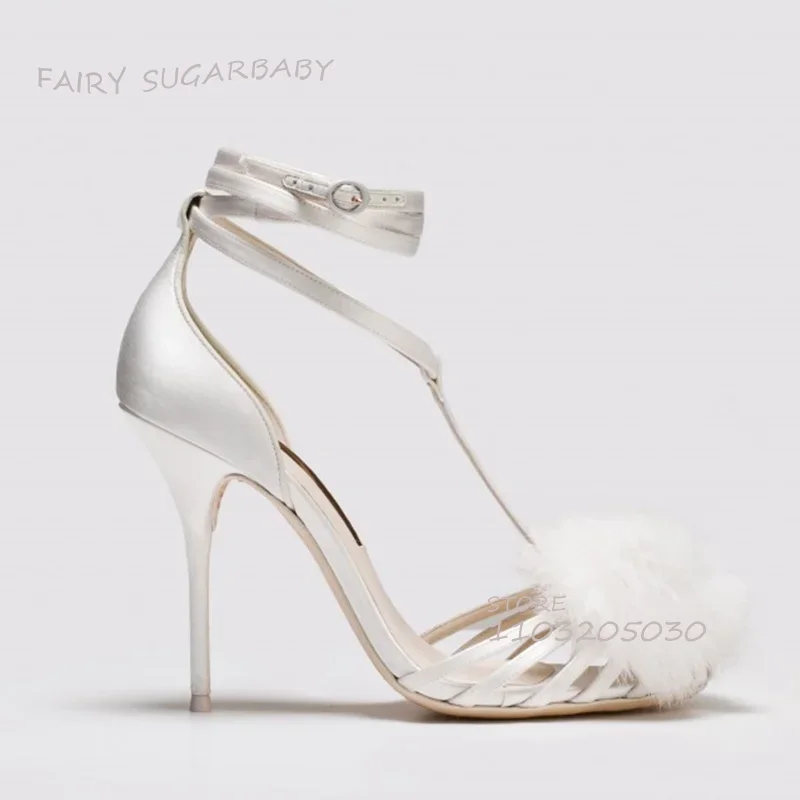 

Pure White Plush Ball Stiletto Wedding Sandals Woman Elegant Open Hollow Ankle Wrap Heels Buckle Pump Party Dress Sugarbaby Shoe