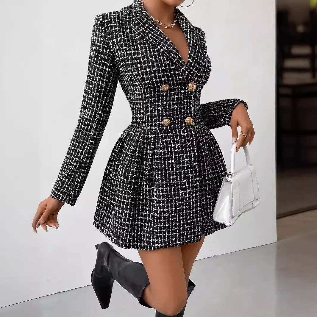 Autumn Blazer Dress Women Fashion Houndstooth Black Plaid V-Neck Long Sleeve Pleated Double Breasted Elegant Women Office Lady