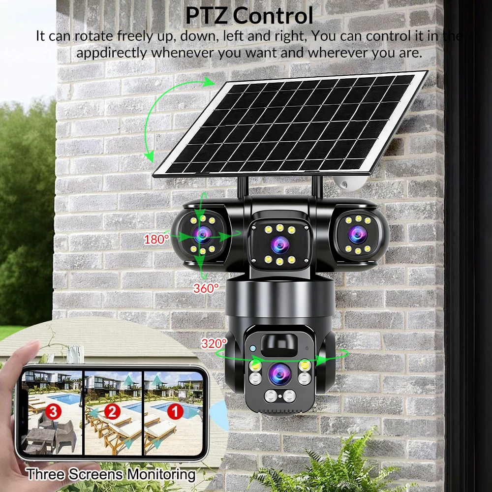 4G WiFi Dual Mode Solar Security Camera 4 Lens Triple Screen 360° Rotation Outdoor Wireless Waterproof Motion Alert Surveillance Cam