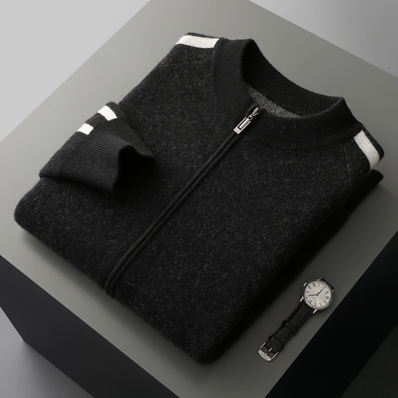 

Autumn Winter Men Pure Wool Cardigan Zipper Mock Neck Long Sleeve Cashmere Sweater 100% Merino Wool Knitwear Thick Soft Clothing