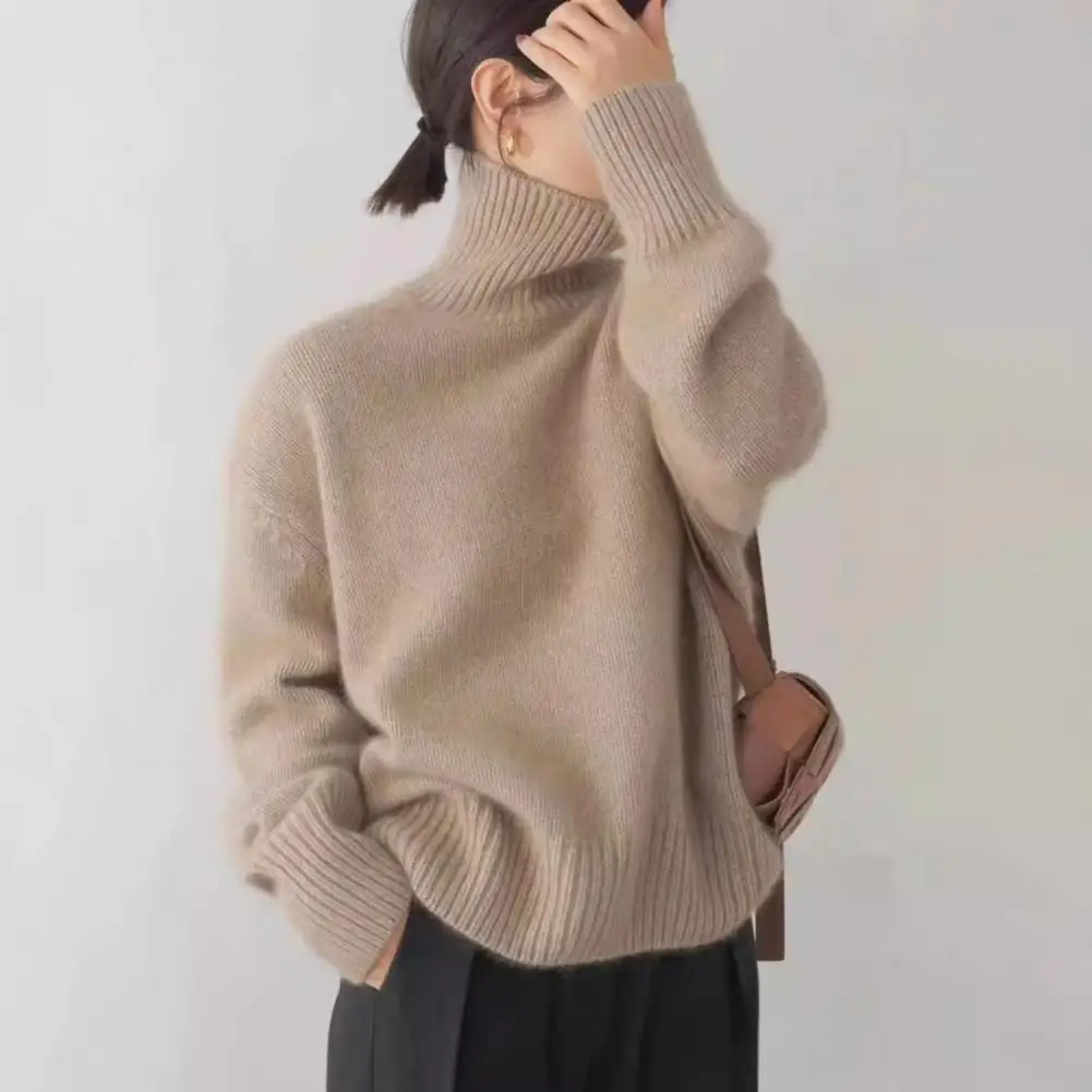 

2024 Winter Elegant Turtleneck Knitting Long Sleeve Loose Pullovers Women Luxury Solid Color Warm Office Ladies Sweater Top