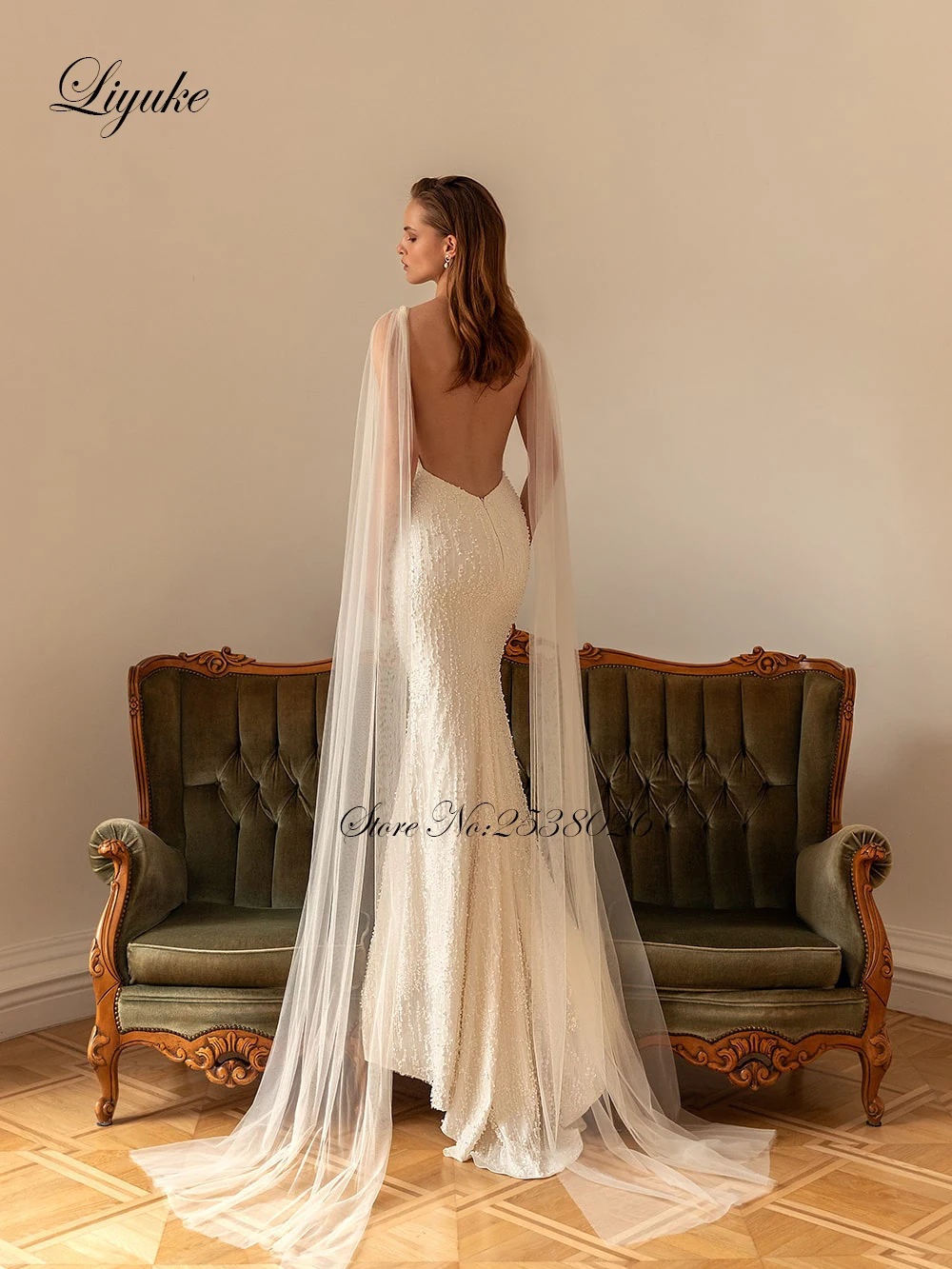 Liyuke New Arrival Beauty Mermaid Wedding Dress Spaghetti Straps Backless Beading Pearls Lace Trumpet Bridal Gown