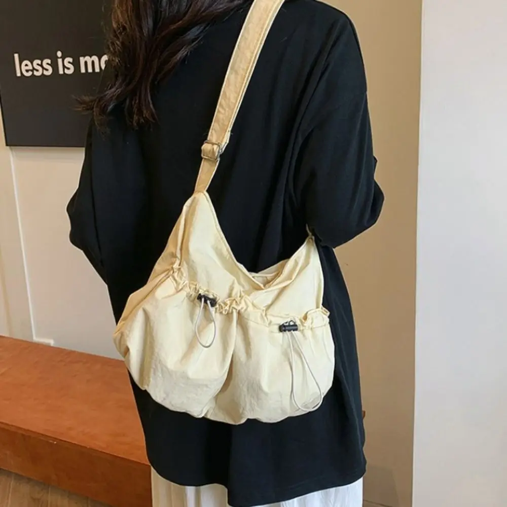 New Design Pleated Drawstring Bag Large Capacity Casual Nylon Lightweight Bag Folded Korean Style Crossbody Shoulder Bag Girls