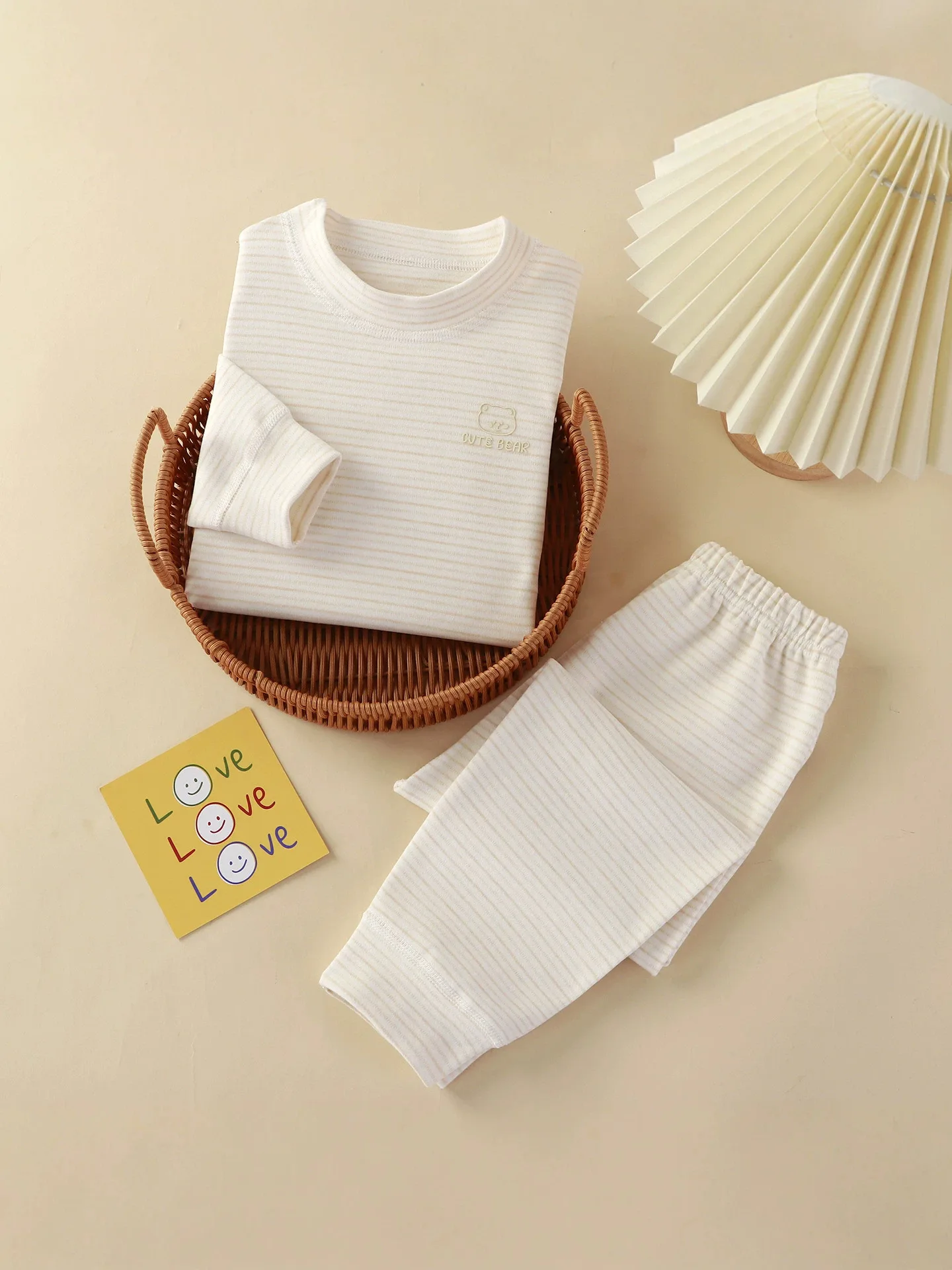 2026 Autumn Children Pajama Set Bear Print Stripe Long Sleeve Top+Pants 2Pcs Clothes for Boys Girls Warm Kids Loungewear