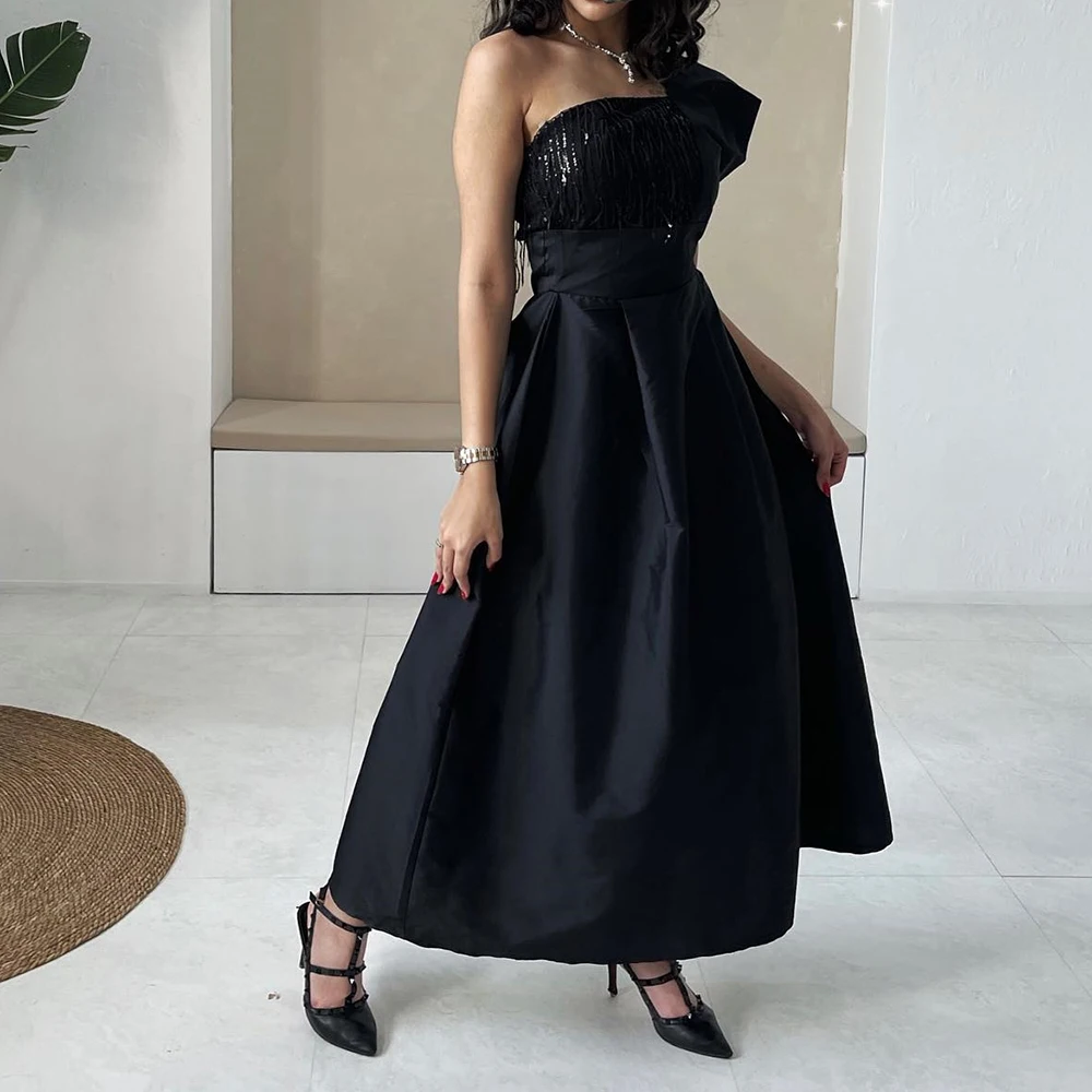 

Exquisite Sequined Tassel One Shoulder Satin Evening Dresses Fashion A-Line Ankle Length Short Sleeves فساتين سهره نسائيه فخمة
