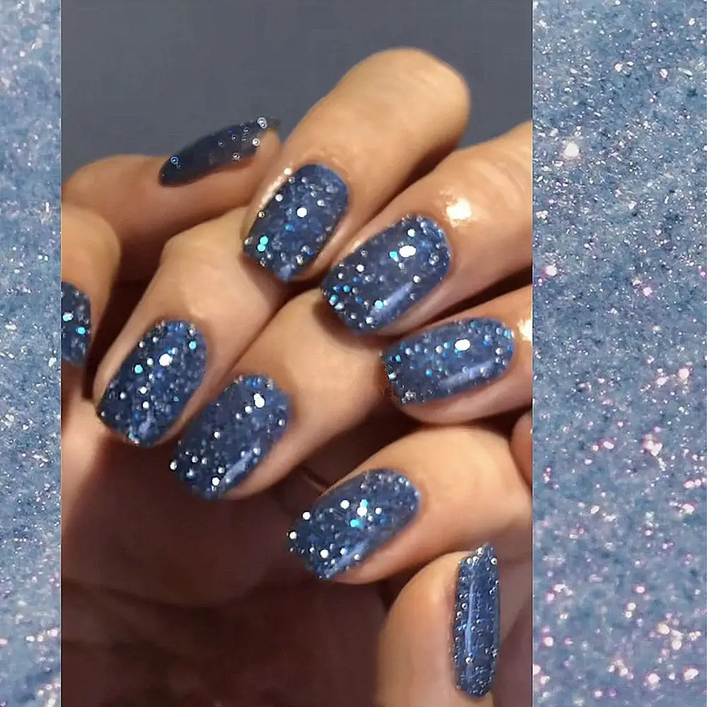 24 stks/doos afneembare korte ronde/vierkante kop kunstnagels draagbare glitter pailletten nepnagels volledige dekking nageltips druk op nagels