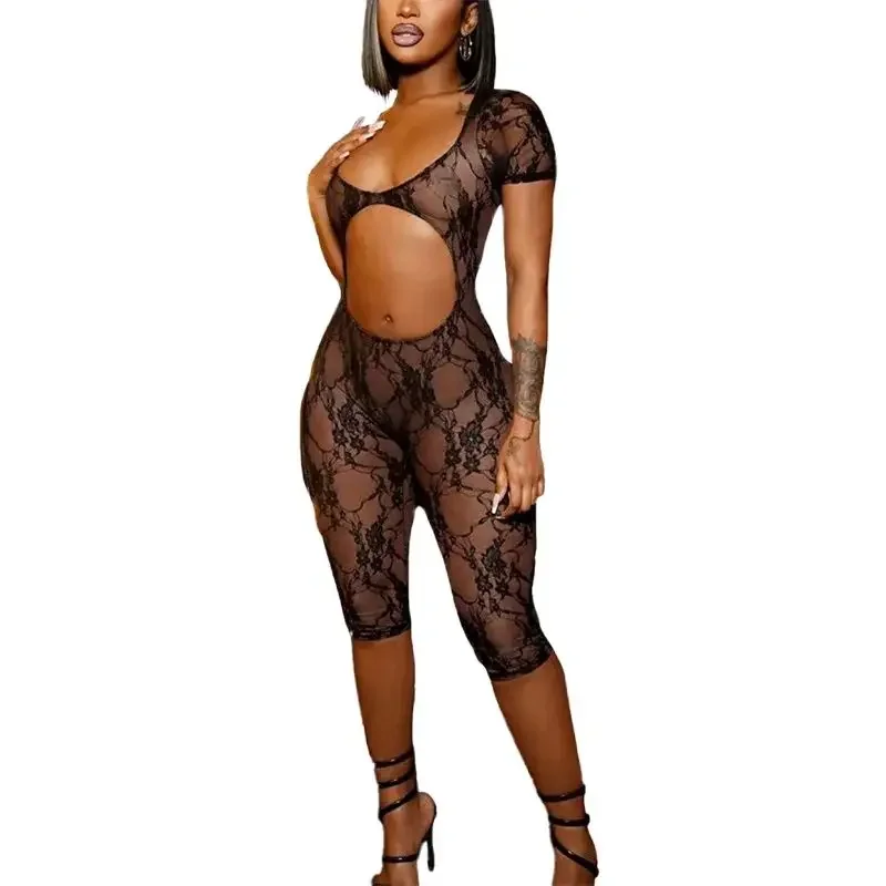 

Women Sexy Center Hollow Out Flower Lace Jumpsuit Shorts Nightclub Party Short Sleeve Rompers Female Slim See-through Playsuits