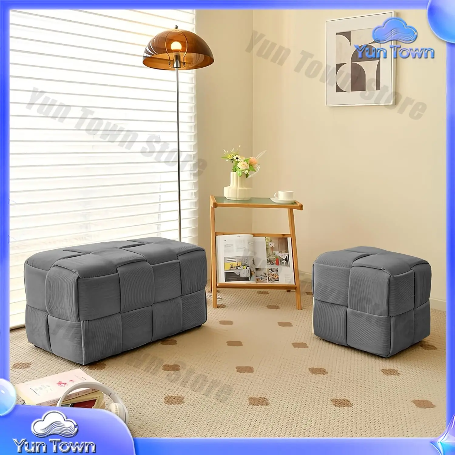 Living room modern square orange ottoman soft and comfortable fabric sofa stool corduroy woven design