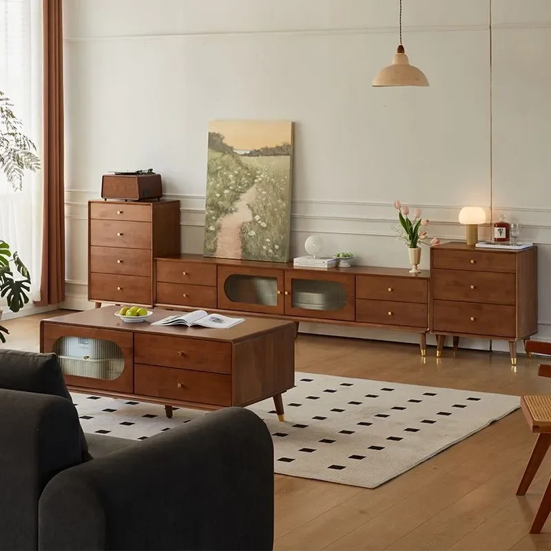 Solid Wood TV Cabinet and Coffee Table Combo for Small Apartment Living Room Household Storage Ground Cabinet Light Luxury