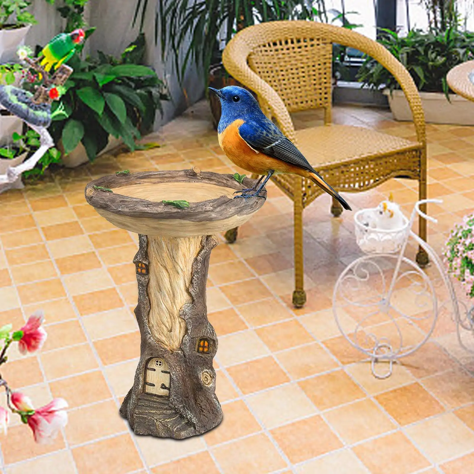 Resin Bird Feeder Tree House Statue Figurine Yard Fence Decor Bird Bath Bowl Feeding Station for Railing Outside Balcony