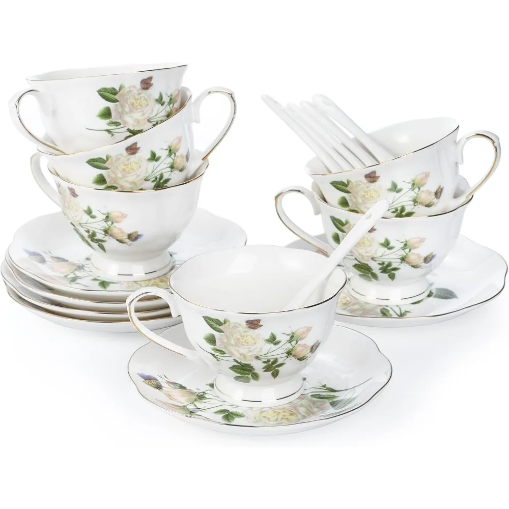 

Tea Cup and Saucer Set, Porcelain Ivory Floral Coffee Cups with Saucers and Spoons, 6 Oz Tea Cup Set