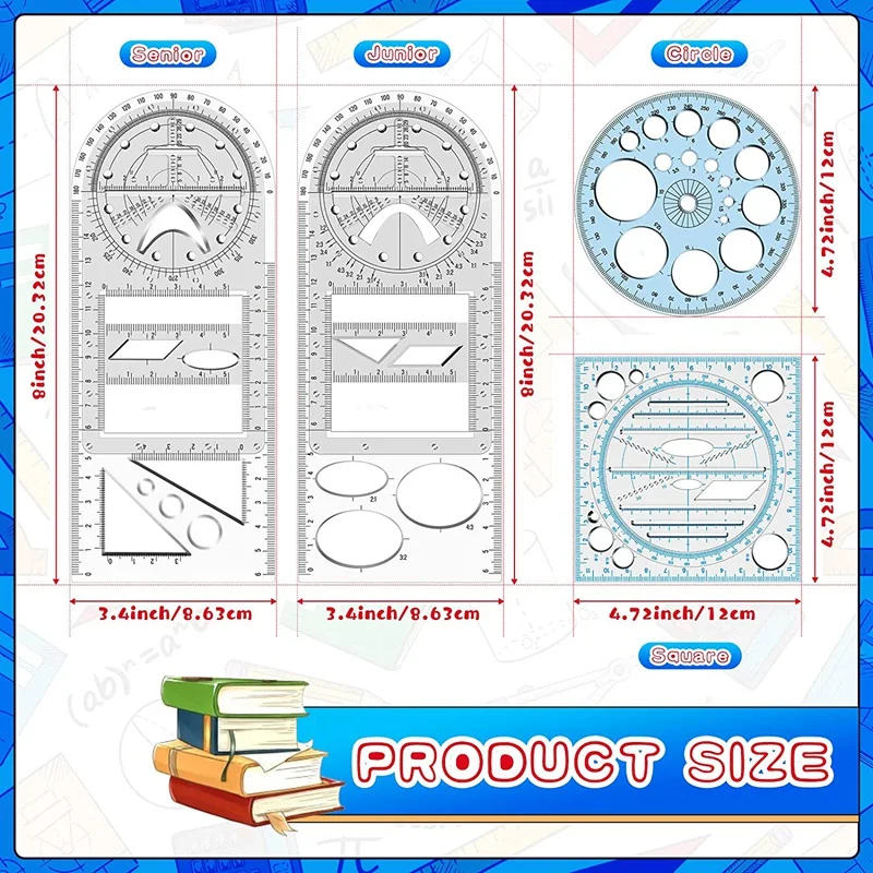 Righello geometrico multifunzionale da 4 pezzi righello da disegno righello da disegno strumenti matematici in plastica per forniture per ufficio scolastico per studenti