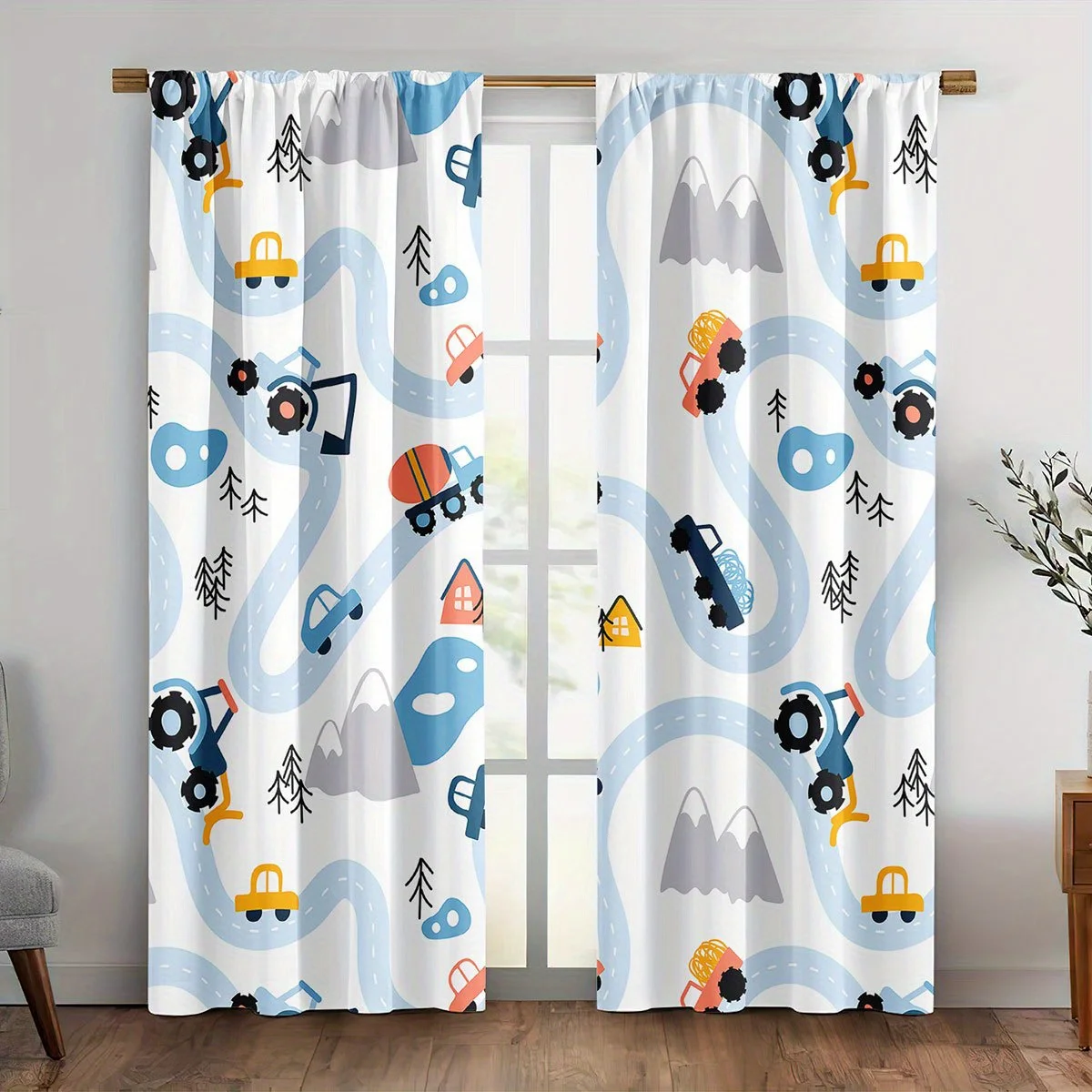 Cute Construction Vehicle Pattern Curtains for Nursery Room Nursery Window Drapes Lightweight Home Decor