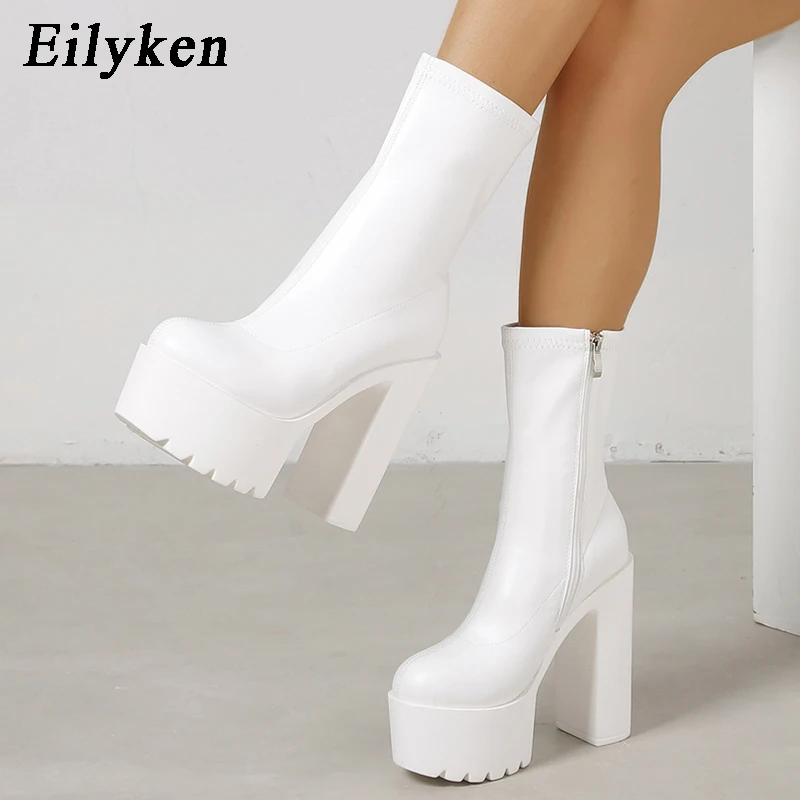 Eilyken PLUS BIG SZIE 43 Winter Chunky High Heels Platform Ankle Women Boots Stretch Fabric Round Toe Zipper Female Shoes