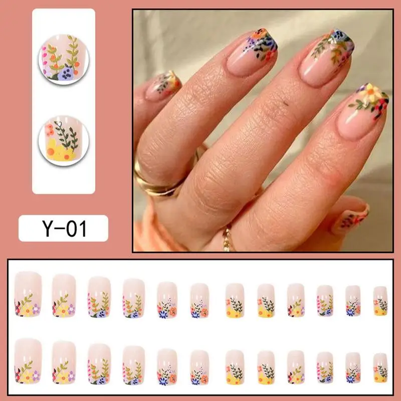 Square Fake Nails Square Press On Fake Flower Nails Full Cover Artificial Gel Nail Strips Long Lasting Short False Nails For