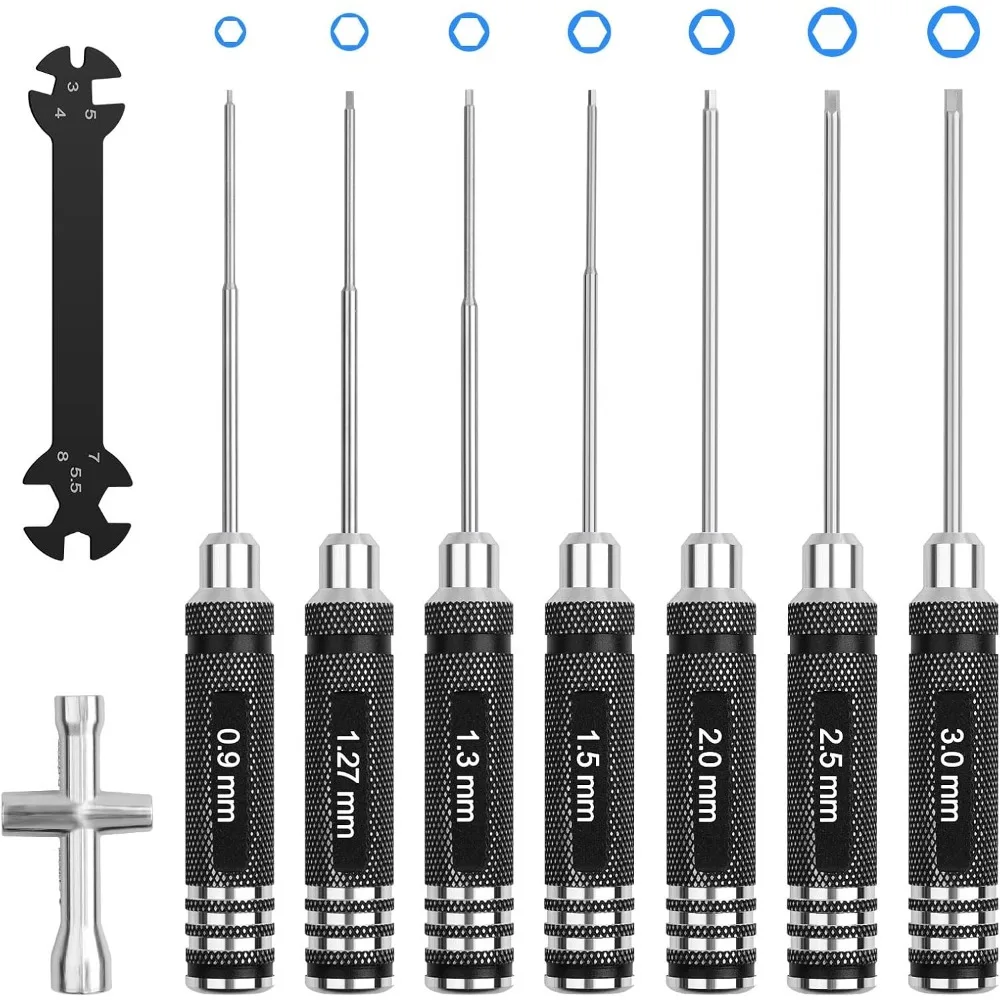 Juego de herramientas de destornillador hexagonal RC: 0,9 mm 1,27 mm 1,3 mm 1,5 mm 2,0 mm 2,5 mm 3,0 mm Kit de destornilladores con destornillador de tuerca hexagonal y llave de coche RC