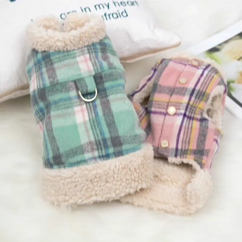 Autumn Winter Plaid Fur Collar Coat Can Pull Pet Clothes Vest Dog Parkas Vest Teddy Bear Dog Autumn Winter Coat Puppy Clothes