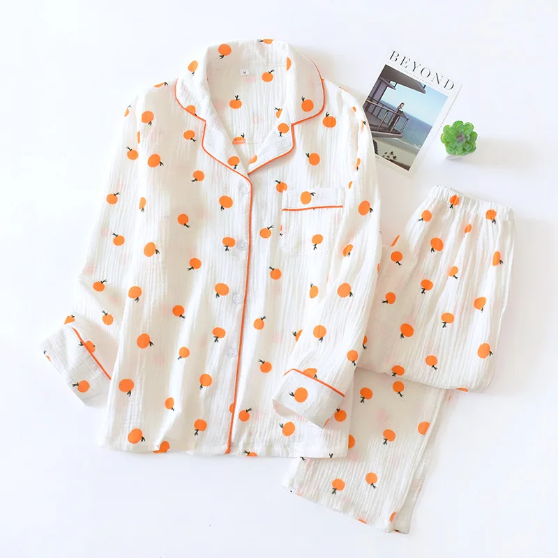 

New Double Gauze Sleepwear Cotton Pajamas Women's Home Clothes Orange Long Sleeve Top Trousers Lapel Conjuntos De Pijama Mujer