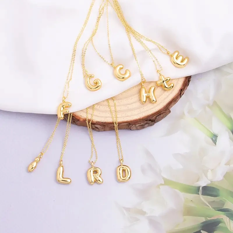 Cute Gold Plated Bubble Balloon Letter Pendant Necklace Chubby Initials Charm Necklaces Jewelry Accessories