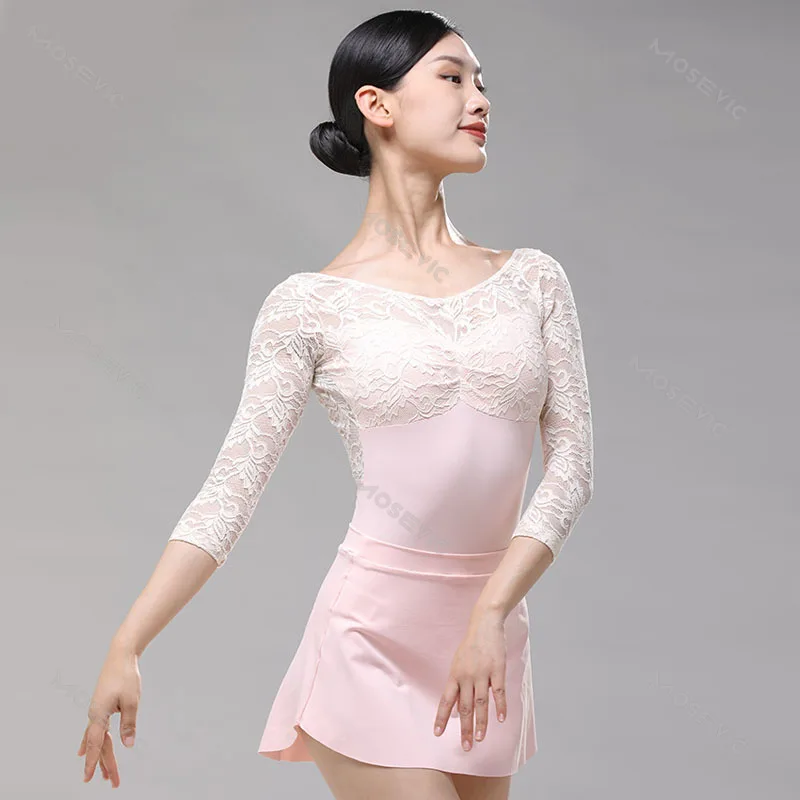 Collant de bailarina de renda manga longa para mulheres, roupa de ginástica, dança bailarina, primavera e outono