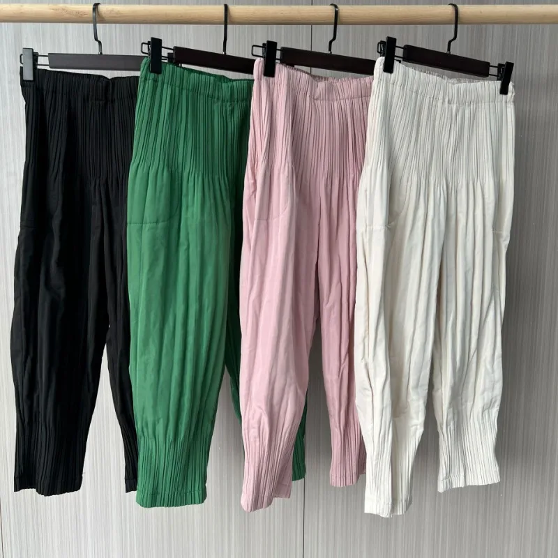 Miyake Pleated Cotton Pants for Women, Loose Autumn and Winter, Ankle Tied and Cotton Small Leg Pants, Comfortable and Versatile