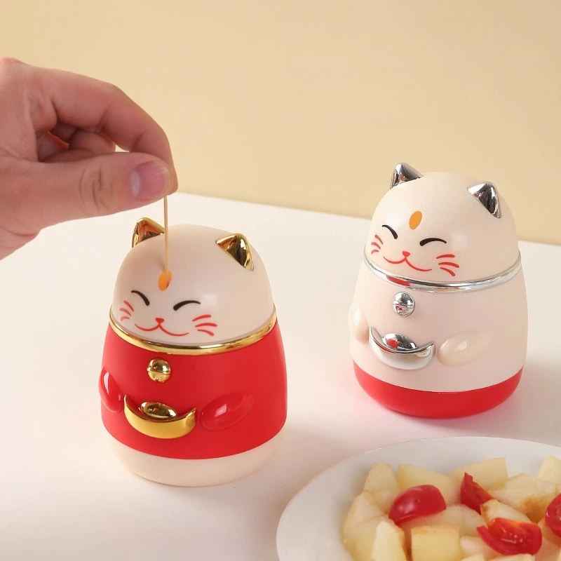 Toothpick Holder One Press Pop Up Automatic Dispenser Cute Lucky Cat Cartoon Storage Box For LivingRoom Decorative Toothpick Jar