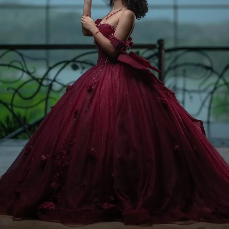 

Customized wine red Quinceanera Dress Off Shoulder sequin applique 3D flower crystal Bow vestidos de 15 Quinceanera
