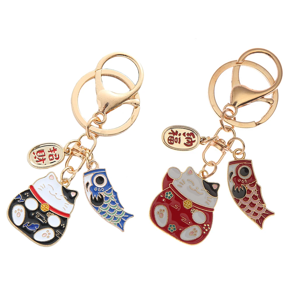 

2pcs Red Blue Keychain Japanese Daruma Key Ring Schoolbag Decor Fortune Cat Pendant Gift Packaging