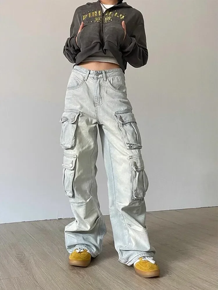 2024 Winter New Woman High Waist Loose Jeans Fashion Casual Multi-pocket Wide Leg Pants Street Trendy Baggy Jeans S-XL