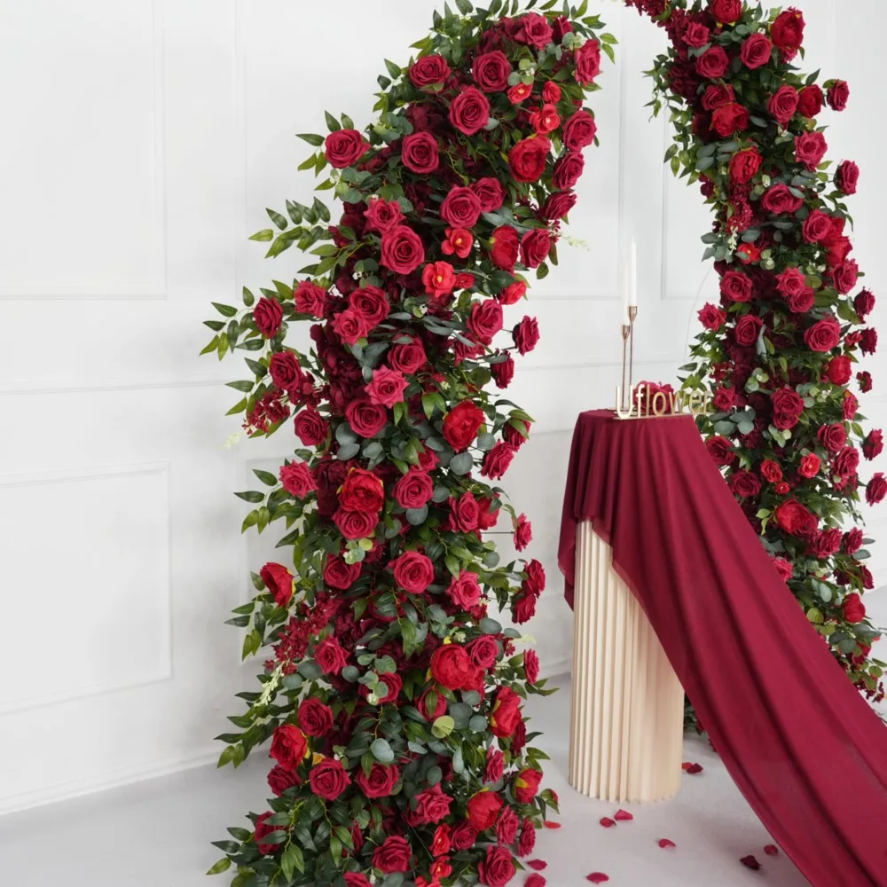 Uflower Red Rose Green Leaves Flower Row Wedding Backdrop Decoration Party Horn Arch Frame Floral Arrangement Window Display