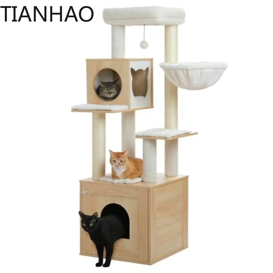 Cat Tree with Litter Box Enclosure for Indoor Large Cats 57.5'' Wooden Cat Condo Featuring Scratch Posts Cozy Hammock Re
