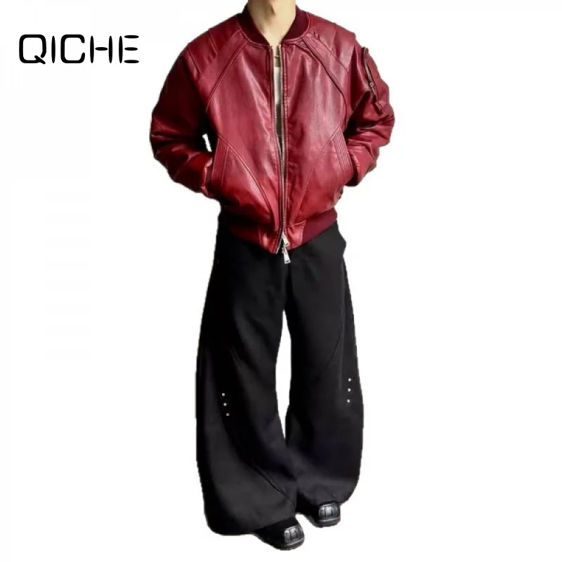 QICHE Men Jacket 2026 New Spring Outerwear, Men Minimal Short Cut Snake Pattern Cross Detail Bomber Coat, Men Clothing