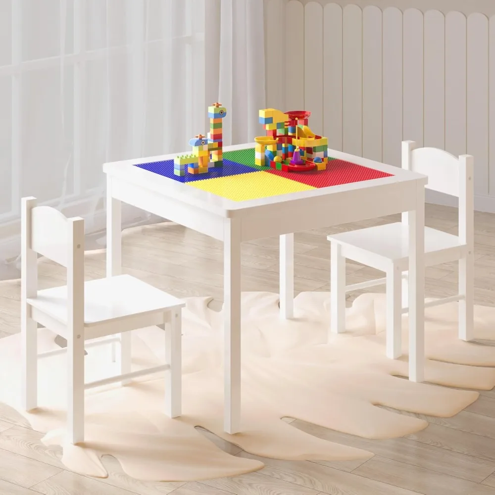 

3 in 1 Kids Table Set for 2, Children Table, Toddler Play Activity Table with Hidden Storage Wood Building Block Table Desk