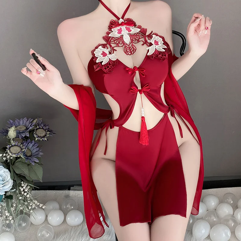 Chinese Style Hanfu Cosplay Lingerie Peony Embroidery Cheongsam Sexy High Waist Hollow Exotic Dress Red Porno Party Temptation