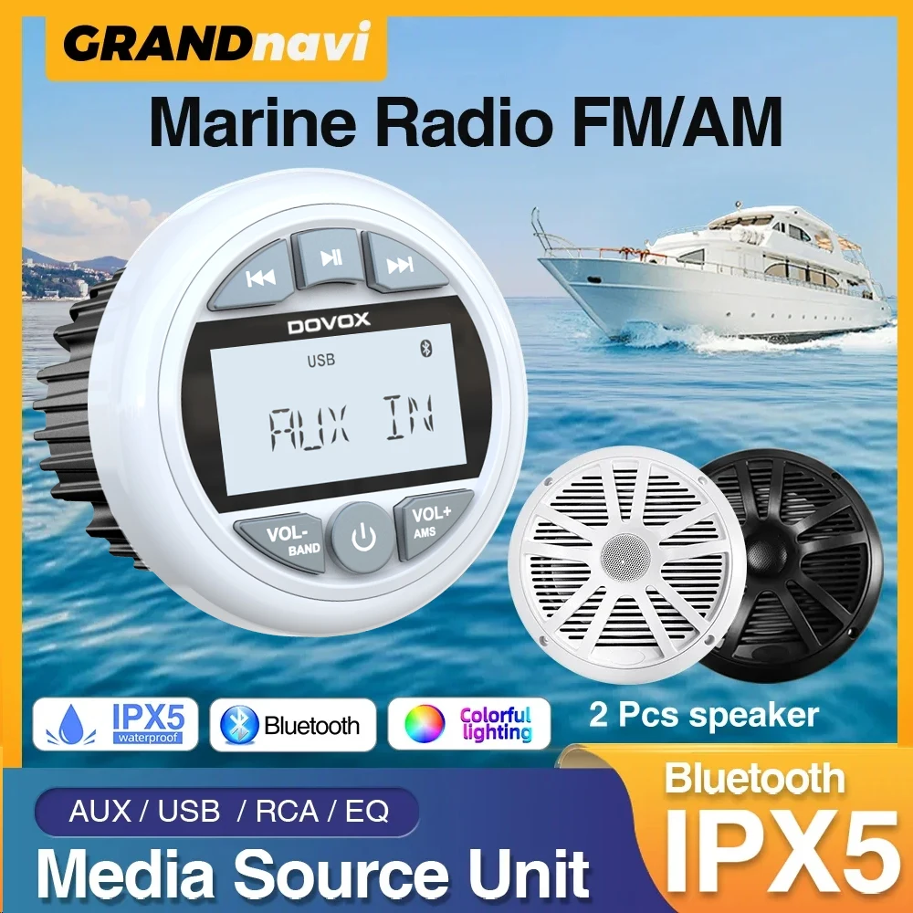 White Marine Stereo Boat Radio Bluetooth IPX5 Waterproof FM AM With Speaker Digital Media Audio For Yacht ATV UTV RV Golf Cart