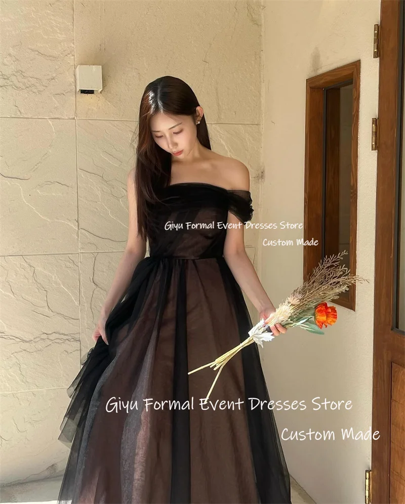 Giyu-Vestidos de Noche largos de tul negro elegante, Mangas de sesión de fotos de boda de Corea, vestidos de graduación de un hombro, vestido Formal de fiesta