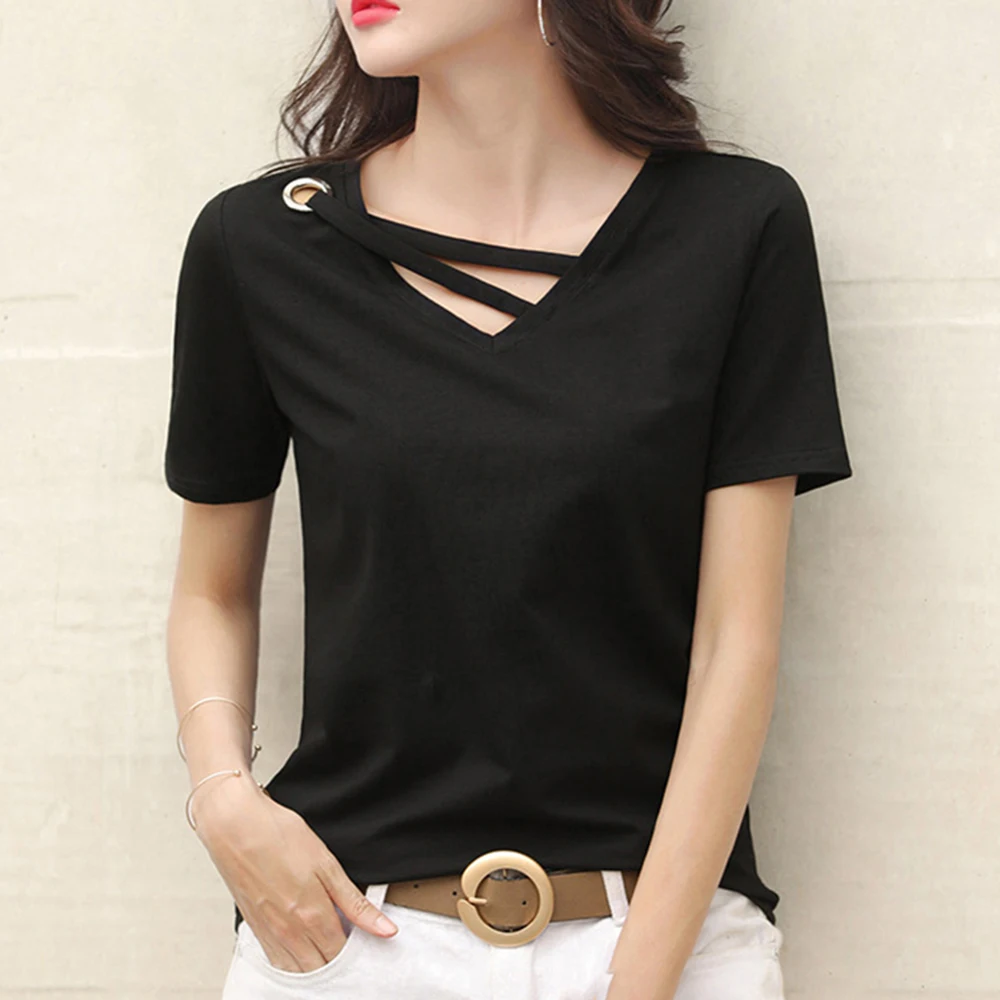 

Stylish Vacation Outfit Casual Tops Short Sleeve Blouse M Women's V-neck Top Polyester Loose Fit Short Sleeve Solid Pattern