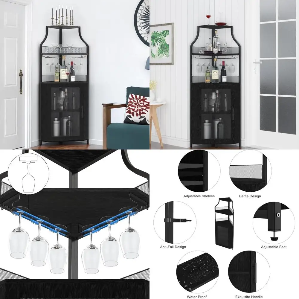 

Industrial Style 5-Tier Corner Liquor Cabinet with LED Lighting, Wine Glass Holder for Modern Bar Storage