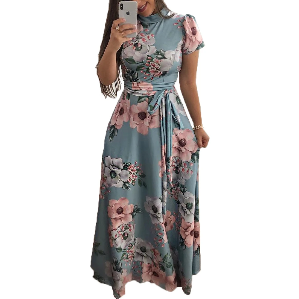 ชุดเดรสฤดูร้อนพิมพ์ลายดอกไม้ของผู้หญิง - 2025 ใหม่ Boho A-Line Swing Dress แขนสั้น, เอวสูง Flowy Maxi Dress สําหรับชายหาด &