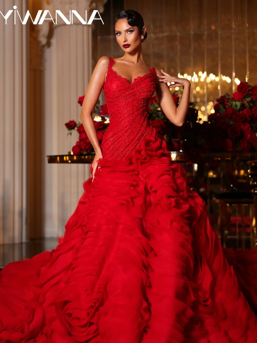 

Ruffled Beaded Lace Princess Evening Dress Stunning Thin Straps Wedding Party Gown Customized Gorgeous Fitted Tulle Prom Dresses