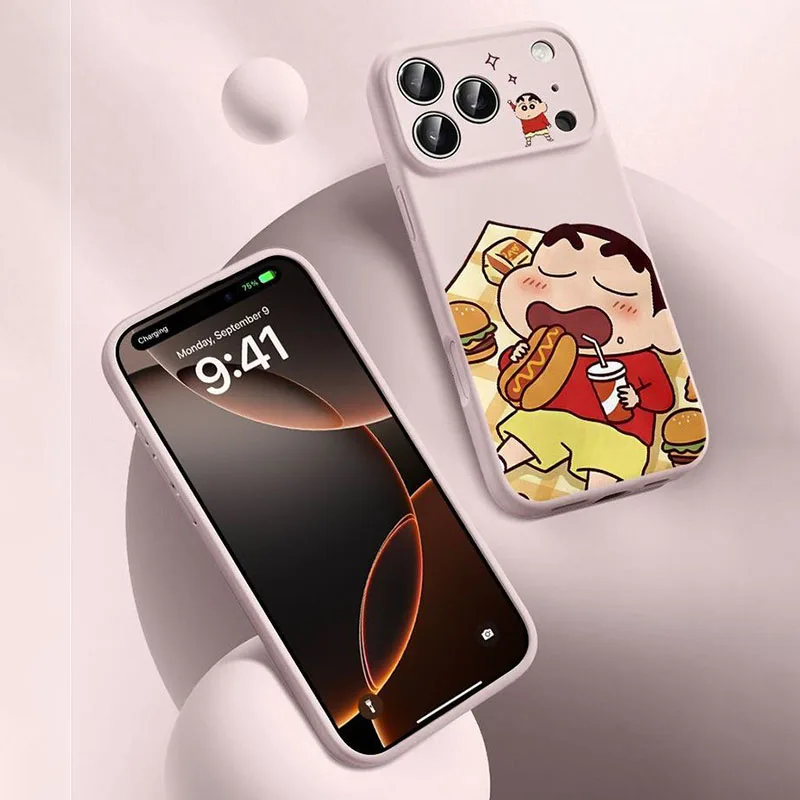 Funda de Silicona Líquida MagSafe para Teléfono con Diseño de Shinchan Comiendo un Hamburguesa, Compatible con iPhone, Regalo Kawaii para Chicas