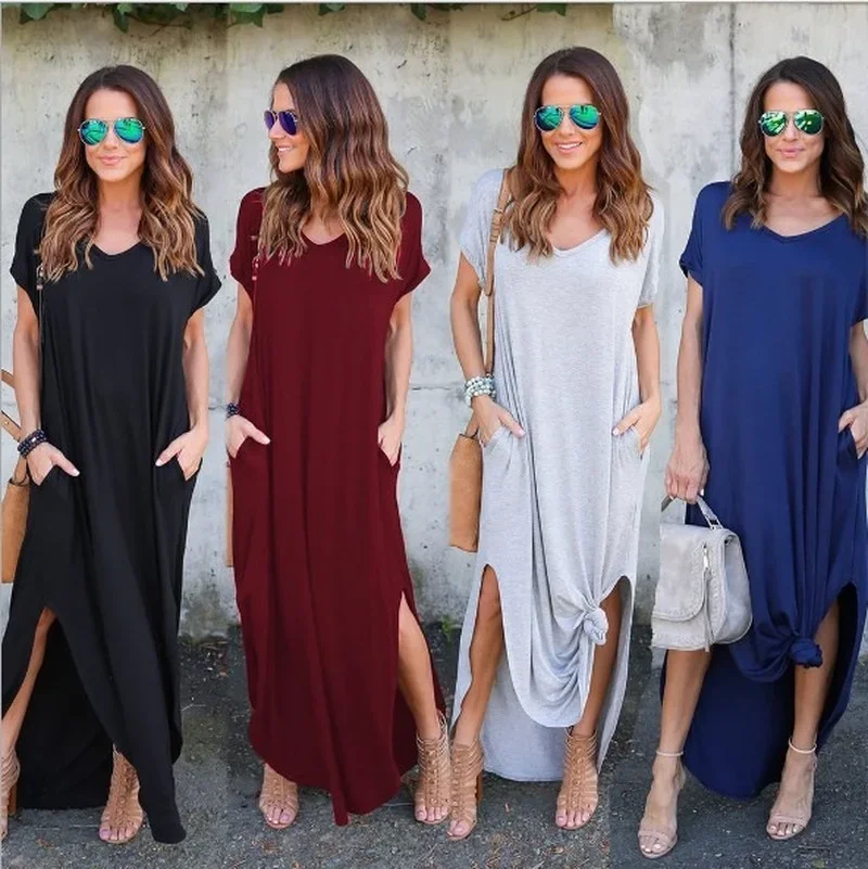 

Solid Color 5XL Sexy Women Pocket Dress Summer Solid Casual Short Sleeve Maxi Dress For Women Long Dress Y2k Lady Dresses