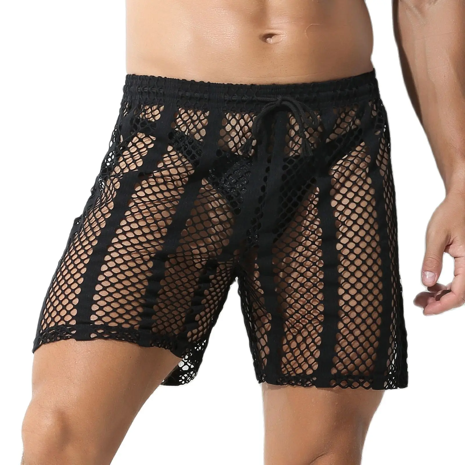 Men Boxers Mesh Sexy Underwear Hollow Lingerie Fishnet Sleepwear See Through Long Leg Boxer Shorts Underpants