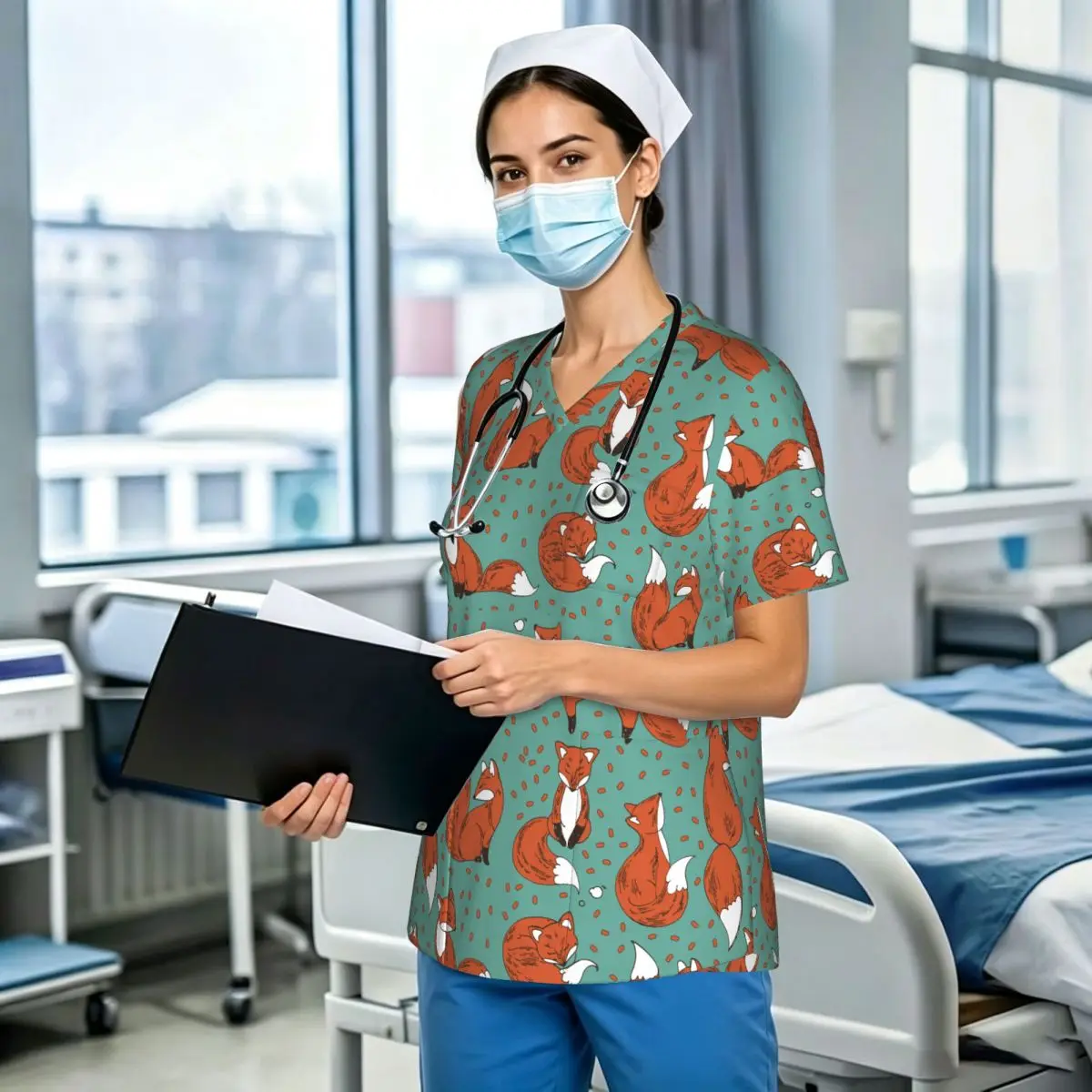 New Scrubs Shirts Medical Nurse Cute Cartoon Uniforms Men Women's V Neck Short Sleeve Tops Pockets Nursing Blouse