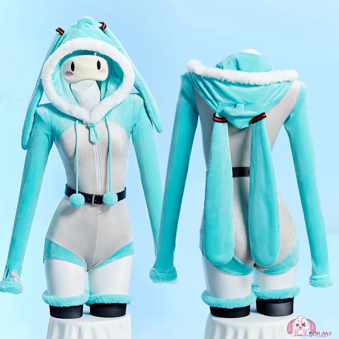 

Anime Mikkuu Cosplay Plush Homewear Bunny Fuffy Hooded Jumpsuit Fuzzy Pajama with Eye Mask and Socks Women Men Romper