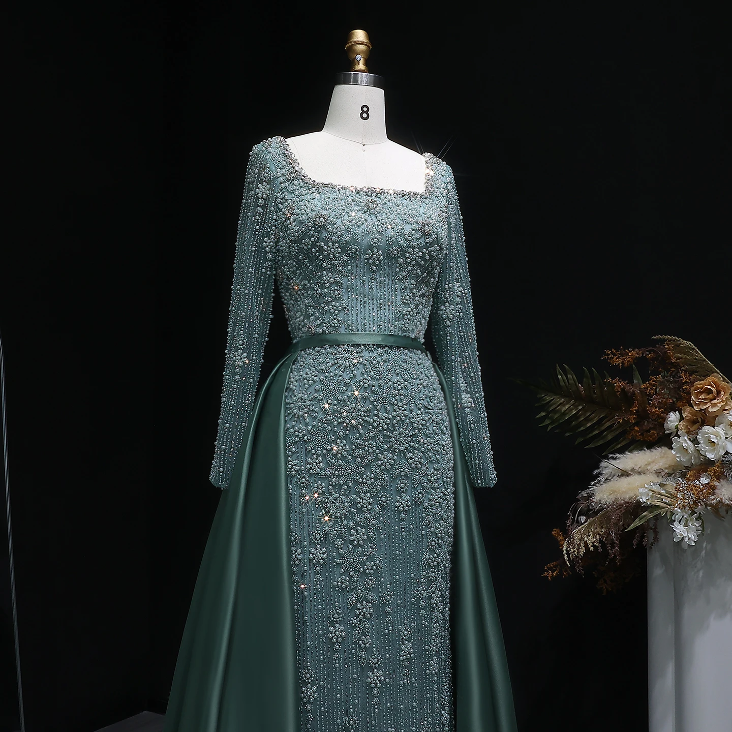 Sharon Said Champagner Meerjungfrauen-Abendkleid mit langen Ärmeln, Überrock, Perlenbesatz, Arabian Nights Ballkleid, formelles Kleid SS119, maßgeschneidert – Detail 7
