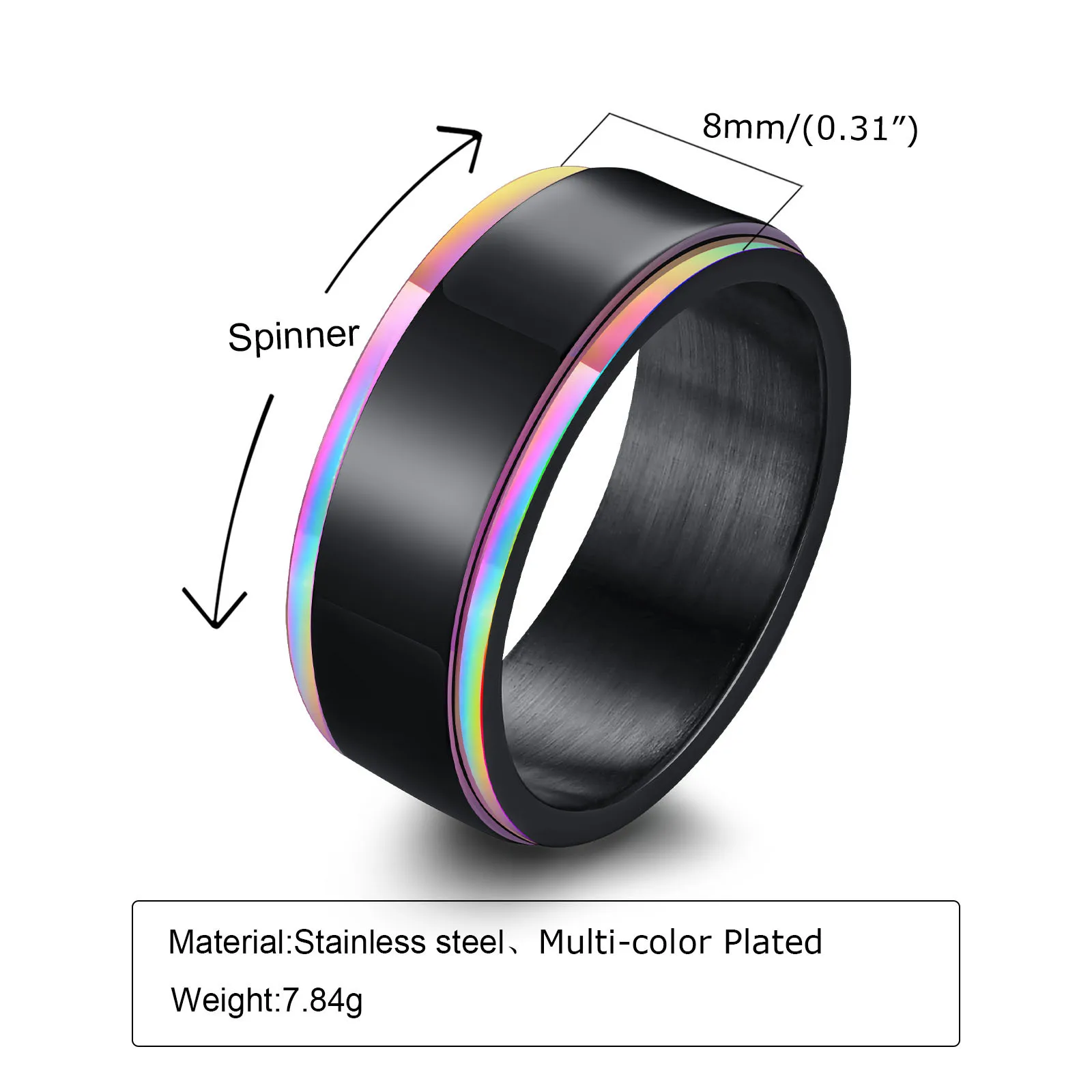 Vnox Personalisierter Spinner-Ring für Männer und Frauen, 6 mm Edelstahl, drehbarer Ehering, individueller Name, Datum, Initiale, männlicher Schwanzring