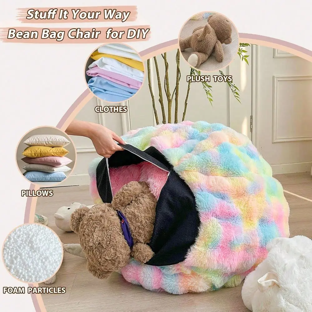 Faux Rabbit Fur Bean Bag Cover For Kids Adults Soft Fuzzy Stuffed Animal Storage Comfy Shaggy Bubble Waffle Design No Filler In view 3
