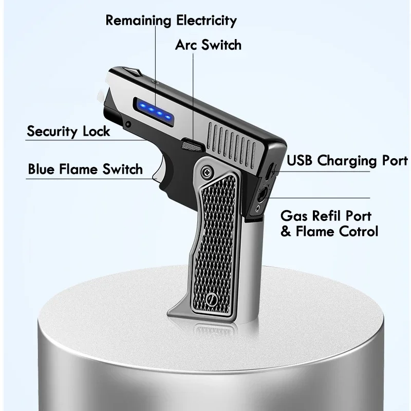 new Mini Creative Folding Double Flame Pistol Lighter Outdoor EDC Pneumatic Electric Dual Arc Wind proof Igniter (with Giftbox)