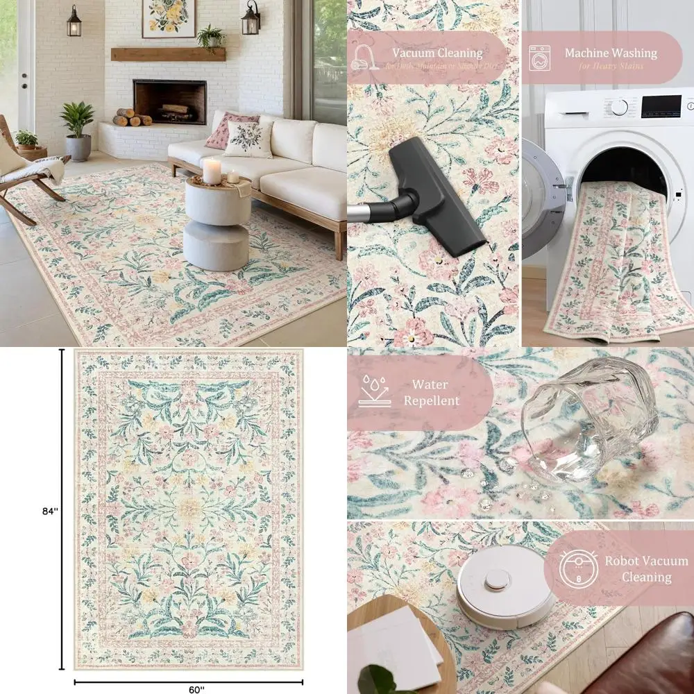 

Girls' Bedroom Floral Pink Rugs, Washable 5x7 Large Area Rugs for Living Room, Non-Slip, Vintage Low-Pile Indoor Boho Floor Cove